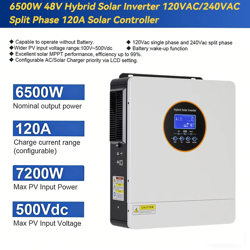 ECGSOLAX 7000W On Off Grid Hybrid Solar Inverter 48V 120V/240V Split Phase Pure Sine Wave Inverter 100A MPPT Solar Charger Max PV 500V Support for Remote Monitoring via the App