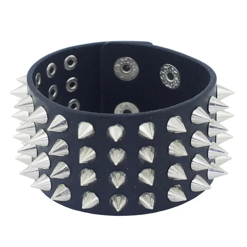 Unique Four Row Cuspidal Spikes Rivet Stud Wide Cuff Leather Punk Gothic Rock Unisex Bangle Bracelet men jewelry S263