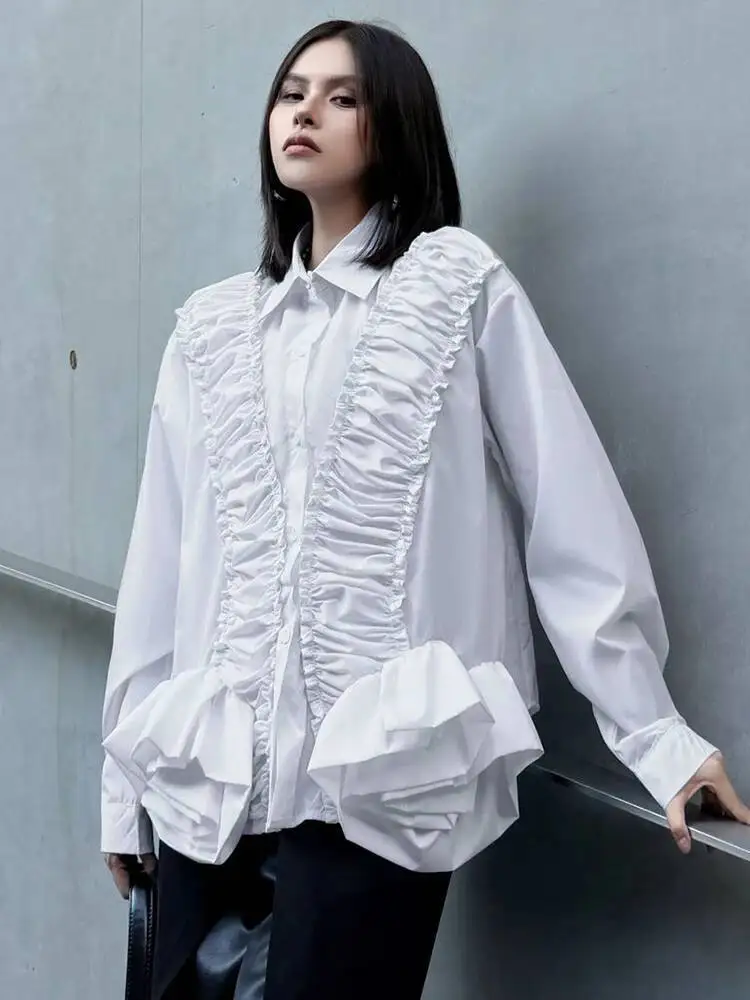 

Women White Ruffles 3d Flower Big Size Elegant Blouse New Lapel Long Sleeve Shirt Fashion Tide Spring Autumn