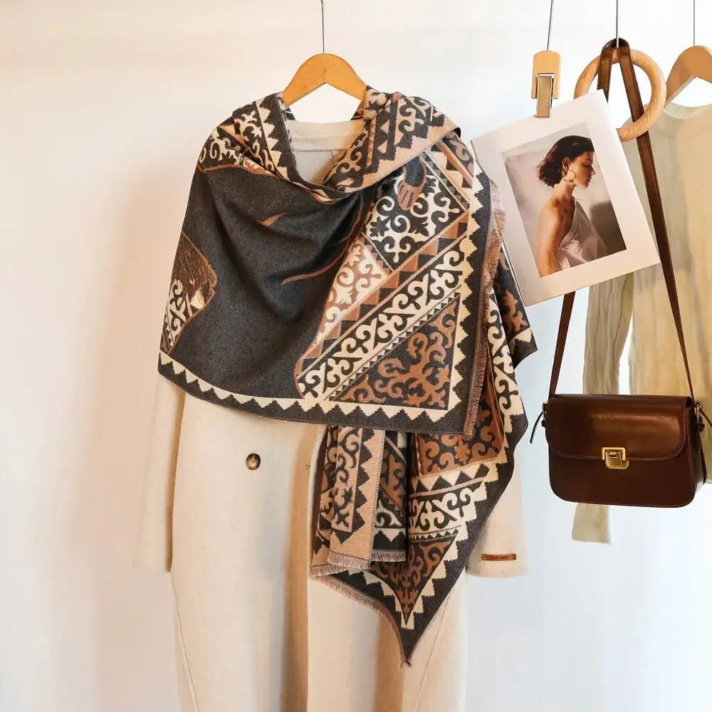 

Модный винтажный жаккардовый толстый шарф из искусственного кашемира с лошадью, шаль, женский зимний теплый шейный платок, весенне-осенний накидка, двухсторонние