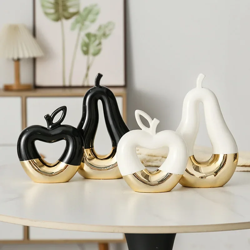 Ceramic Ornaments Golden plated Hollow Out Apple Pear Statue Desk Decoration Modern Crafts Fruits Sculpture Room Aesthetic Decor