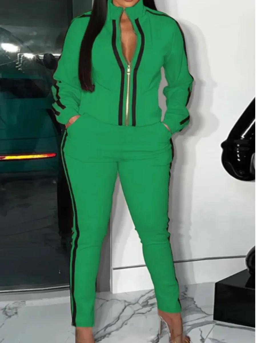 LW Plus Size Striped Regular Fit Tracksuit Set Green 2pcs Sportwears Zipper Up Mandarin Collar Top&Casual Trousers