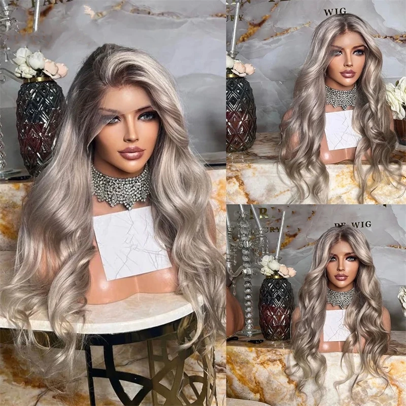 Highlight Full Lace Wigs Human Hair Ombre Grey  Blonde Color Virgin Brazilian Hair Glueless Natural wave Transparent Swiss Lace