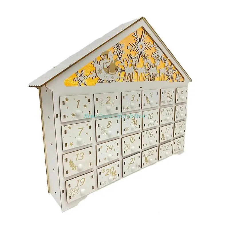 E74E Christmas Wooden Advent Calendar LED Light Snowflake Reindeer Countdown Drawer