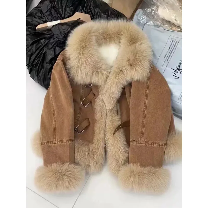 Mulheres denim casacos y2k jaquetas casuais gola quadrada mangas compridas pele do falso angustiado solto ponto aberto leve estiramento 2026 outono