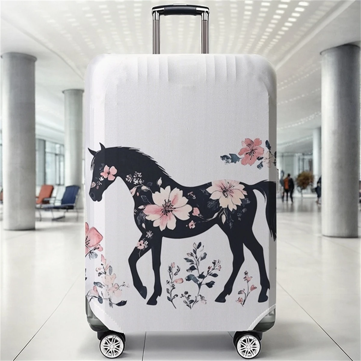 

Защитный чехол для багажа с цветочным узором и силуэтом черной лошади, подходит для чехлов для багажа размером 18-32 дюйма, чехлов для ручек багажа, т.д.