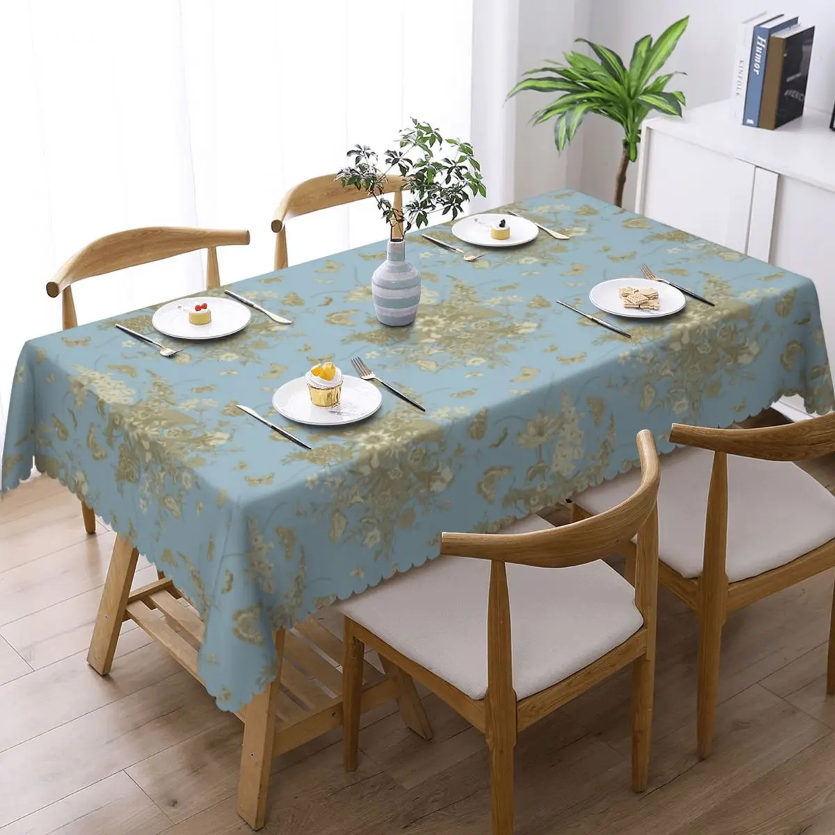 Custom Blue Gold Flower Toile De Jouy Tablecloth Rectangular Waterproof Inspired Botanic Table Cloth Cover for Kitchen