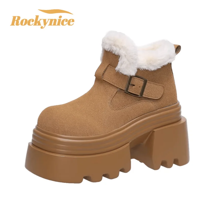 

New Designer Women Winter Warm Snow Boots 10CM High Platform Short Booties Suede Leather Cotton Shoes Woman Ankle Botas Mujer