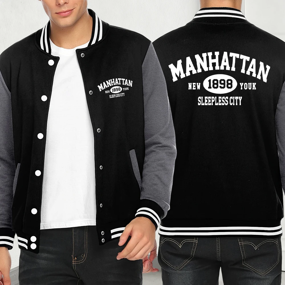 

Manhattan New York Sleepless City Print Jackets Men Pocket Streetwear Hip Hop Pullover Clothes Fashion Casual Baseball Jersey