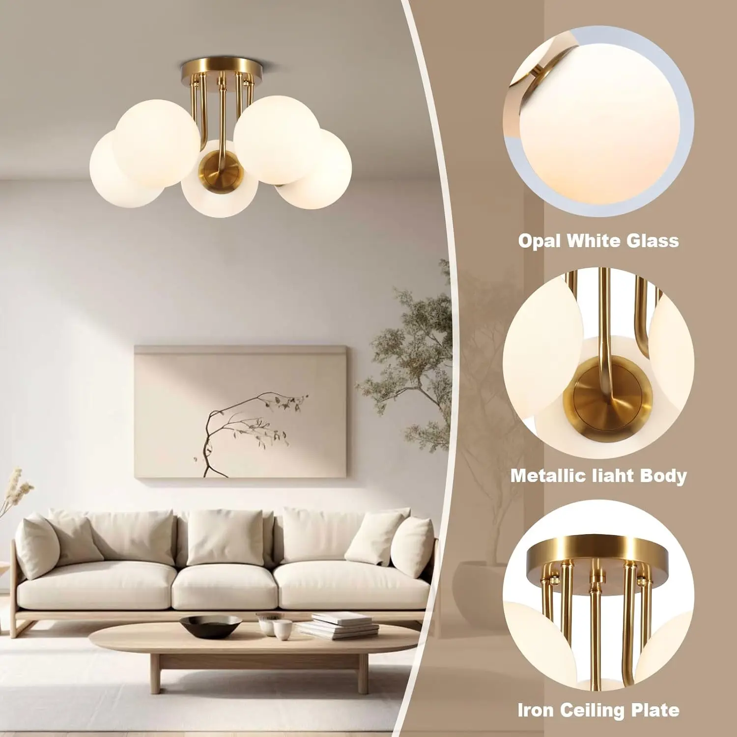 Bektas 5-Lights Semi Flush Mount Ceiling Light Fixture Brushed Gold Light Fixture Bend Modeling With Milk Glass Globe For