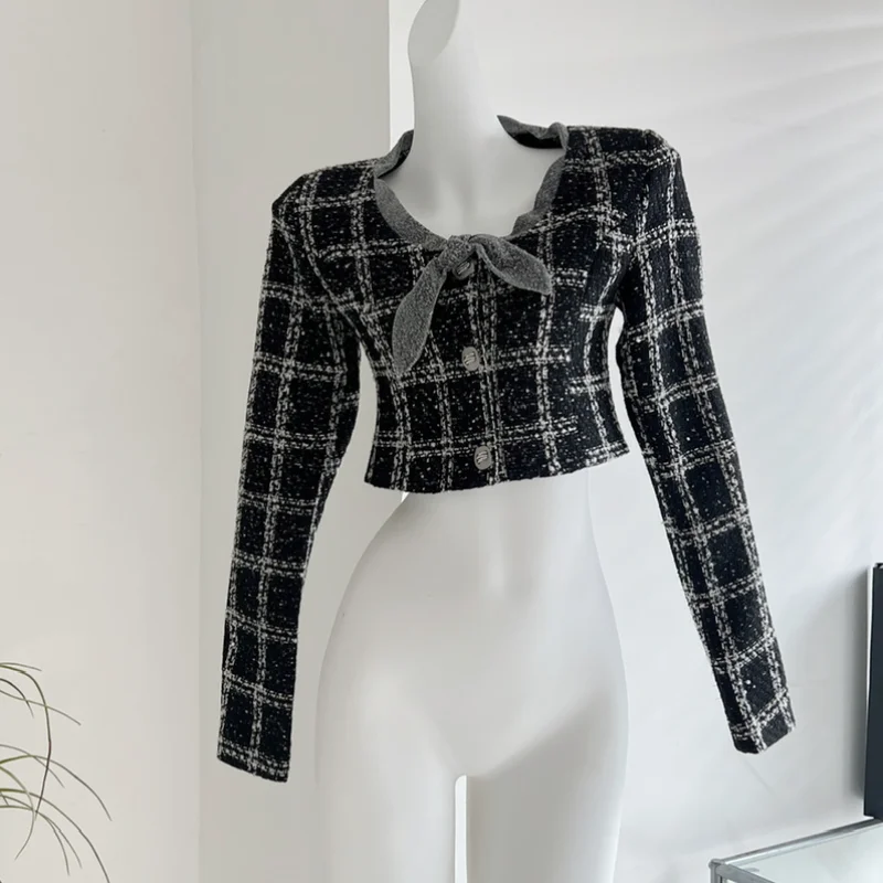 Autunno inverno Tweed Plaid Bow cappotto corto donna monopetto dolce moda Chic piccola fragranza francese Vintage Lady Jacket 175