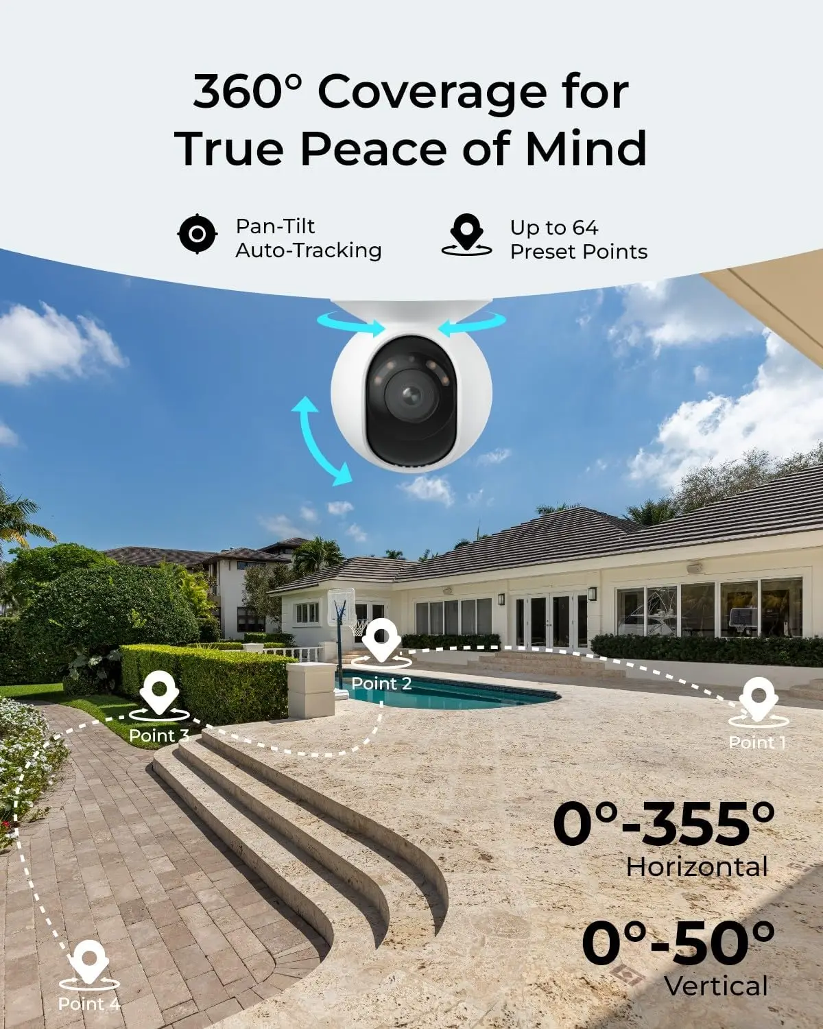 PoE 4K Outdoor Home Security Camera with 355° Pan & 50° Tilt Auto Tracking, 24/7 Recording, Color Night Vision, Smart Detection, Two-Way Talk, No Monthly Fee view 3