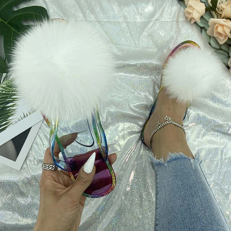 Fur Flip Flops Women Summer Beach Slippers Ladies Real Fur Furry Pom Pom Transparent Crystal Flats Slides 2022 Fox Fur Sandals