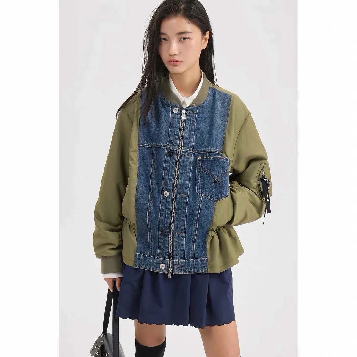 Lemon Remote High Quality LUC26 Autumn Casual Versatile Drawstring Slimming Denim Patchwork Jacket Outerwear in Two Colors