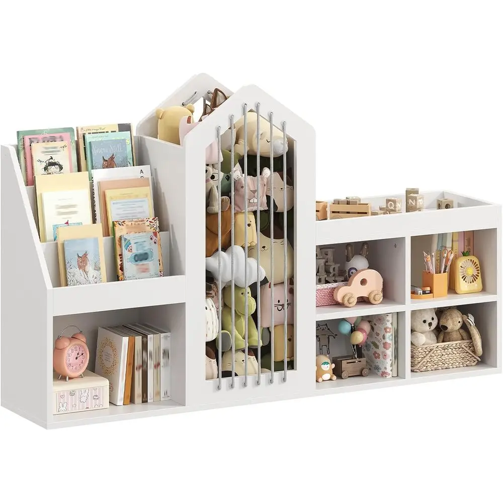 

White 4-Tier Bookcase and 5-Compartment Toy Storage Cabinet with Animal Storage and Elastic Cords for Kids' Rooms