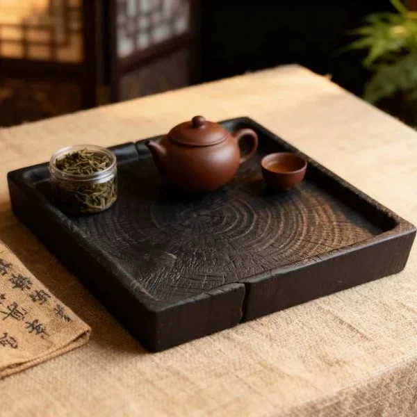 Solid wood tea tray, carbonized camphor wood dry brewing table, handmade square wabi-sabi style saucer, Japanese-style base