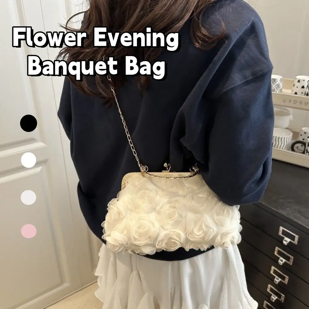 

Retro Chiffon Evening Banquet Bag Chain 3D Kiss Lock Shoulder Bag Large Capacity Handheld Crossbody Bag Wedding