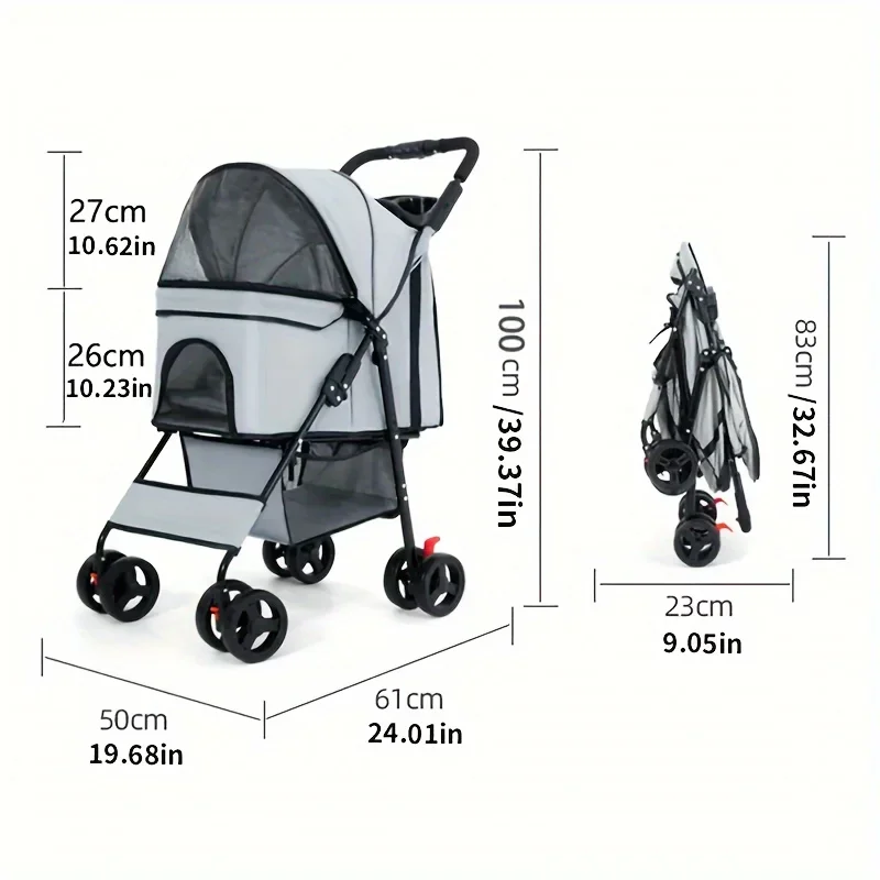 Foldable Pet Stroller for Cats and Dogs 4 Wheels Carrier Strolling Cart with Weather Cover Storage Basket Cup Holder for Puppy