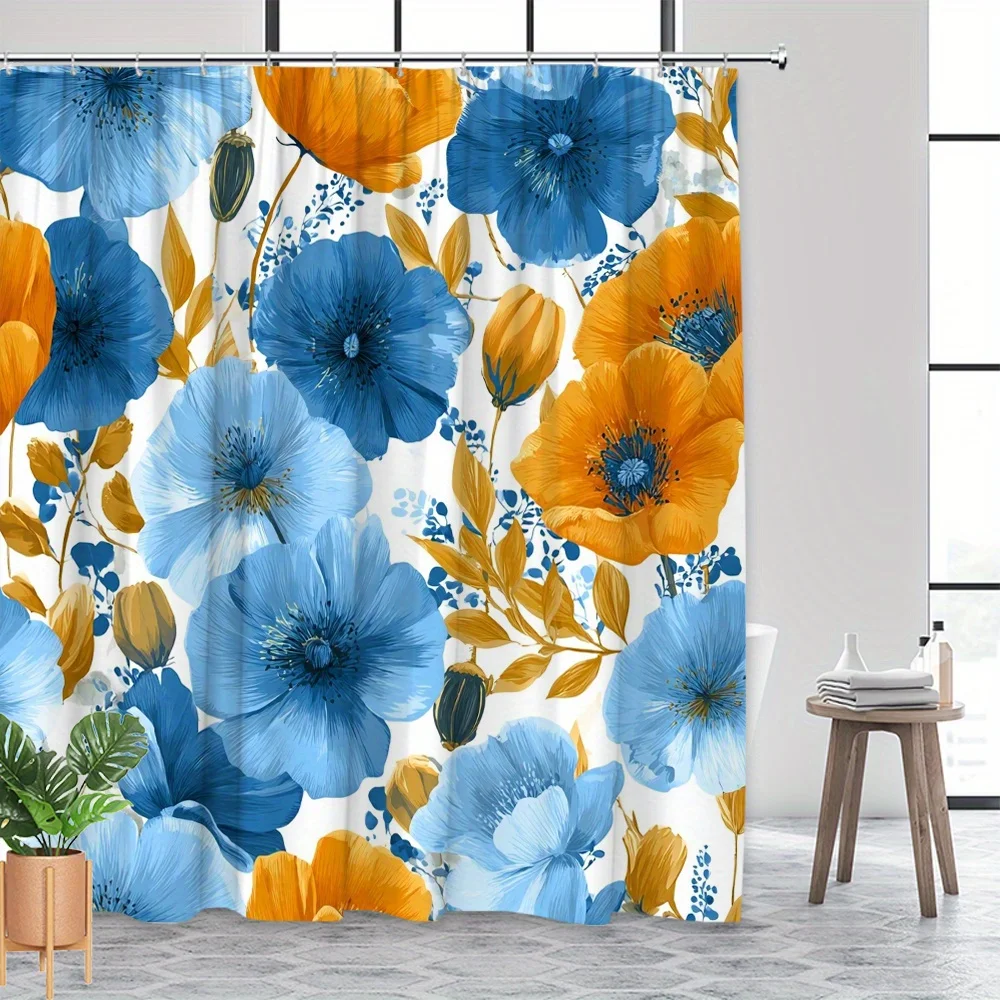

1pc Blue and Orange Poppy Floral Shower Curtain - Machine Washable Polyester Fabric - Perfect for Modern Bathroom Decor
