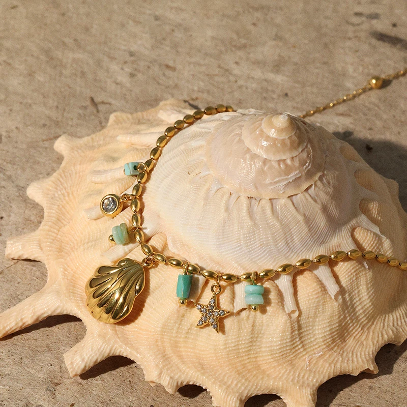 Sommerliche böhmische goldfarbene Anhänger-Halskette für Damen, Edelstahl, Meerjungfrauen-Schlüsselbeinkette, Schmuck-Accessoire, nicht verblassend, trendig – Detail 12