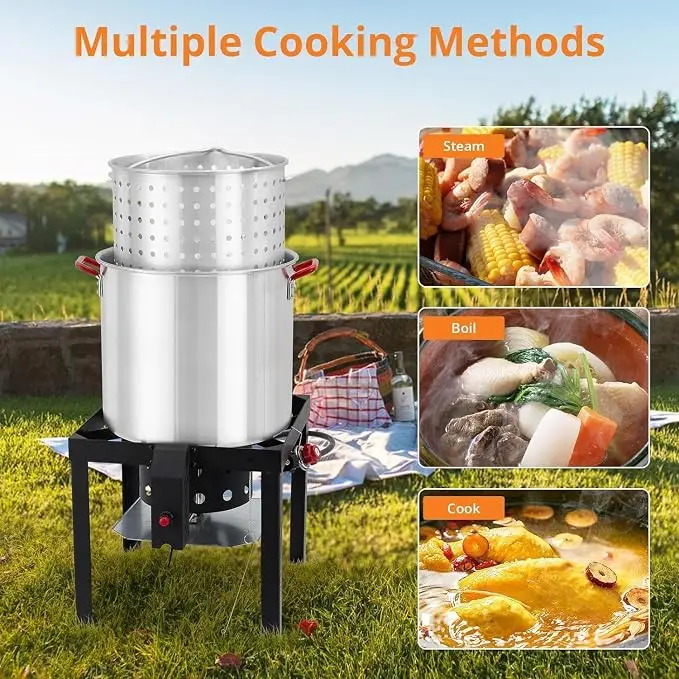 100 Qt Turkey Deep Fryer Pot, Aluminum Seafood Boil Pot with/Strainer & Burner Set Crawfish Boiler, 110000 BTU Propane Stove Burner with Stock Pot, Basket Lid, Outdoor Cooking Shrimp Crab Boiler
