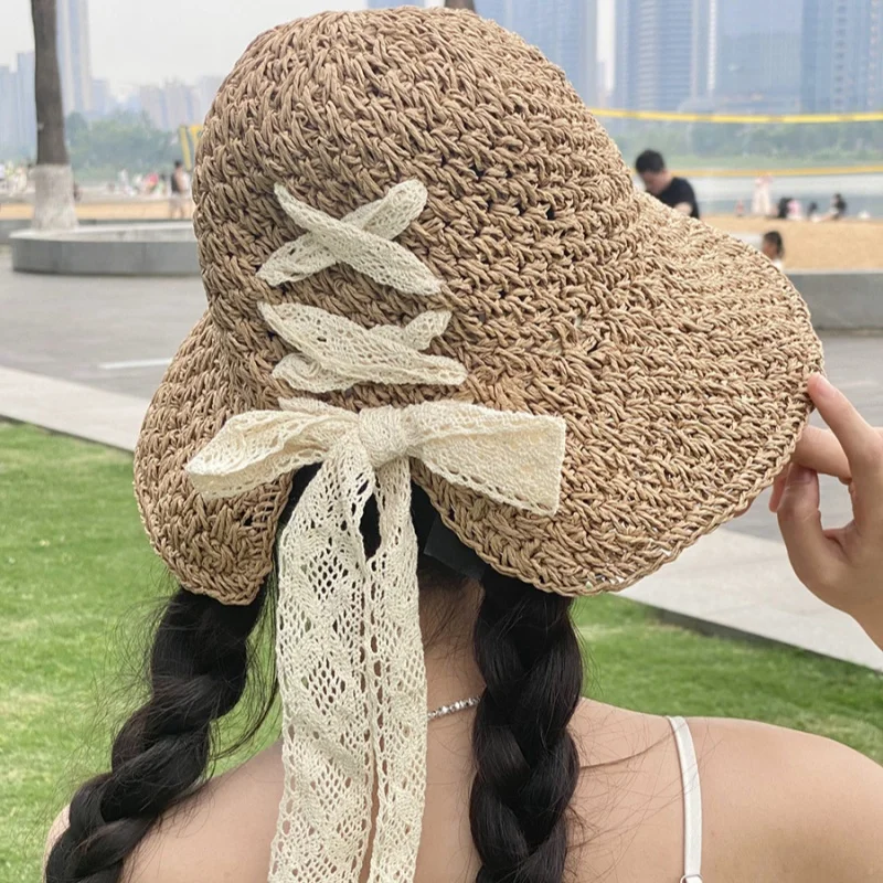 

Fairy Lace Strap Hand Hooked Straw Hat Summer Outing Sunscreen Large Brim Hat Handmade Sun Hat 56-58cm