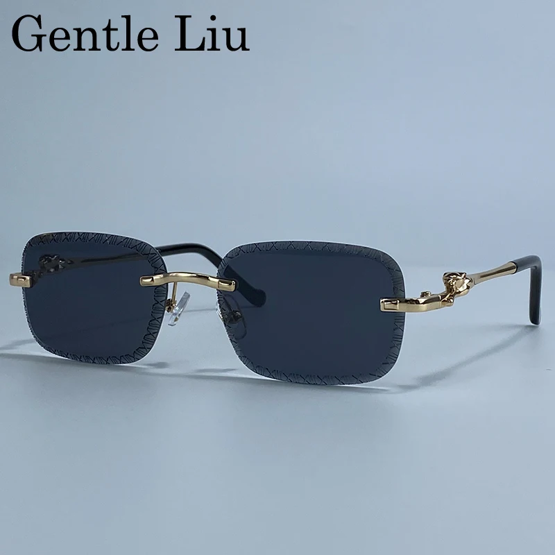 

Small Frame Rimless Square Sunglasses Men 2025 Luxury Brand Punk Leopard Head Sun Glasses Trendy Cut Edge Eyewear Driving Shades
