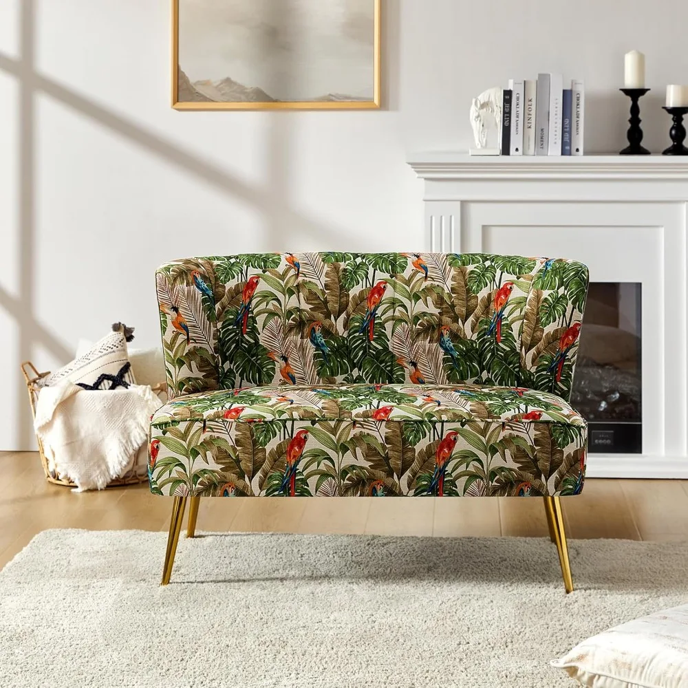 

Mid-Century Loveseat Sofa with Metal Legs, Comfy Upholstered Small Love Seat Couch, Floral Patterns 2-Seat Armless C