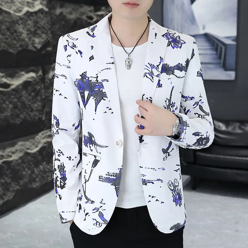 

Night Market Trendy Personalized Thin Men's Suit Host Performance Single Social Hairdrer Print Blouse Top Coat