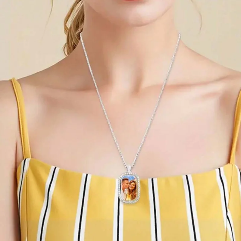 Custom Photo Pendant Necklace, Personalised Custom, Rhinestone Frame Rectangle, Couple Pet Family Custom Commemorative Jewellery view 2