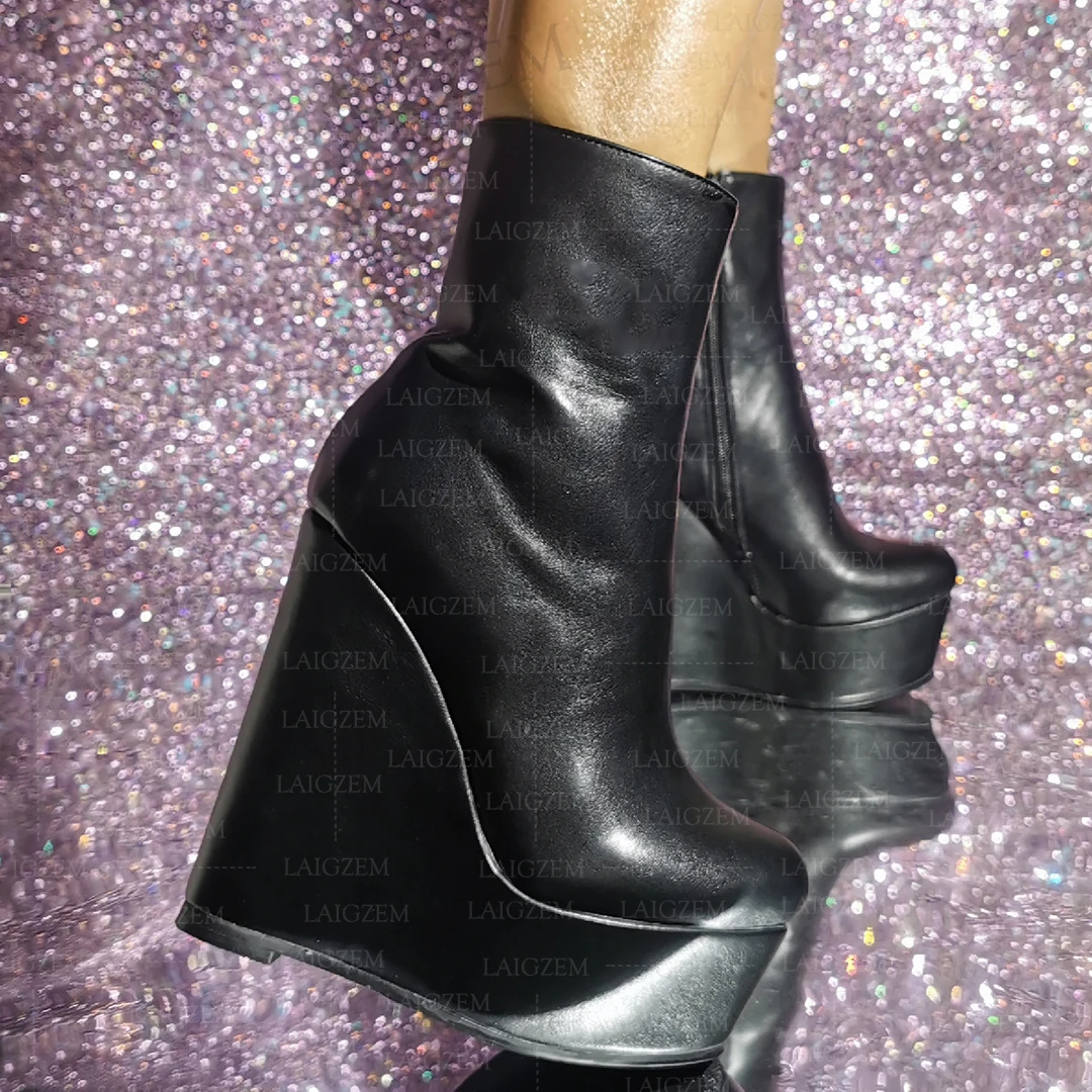 

BERZIMER Women Ankle Boots Platform Wedges Side Zip Up Faux Leather Height Increase Botas Ladie Shoes Woman Size 41 42 45 52