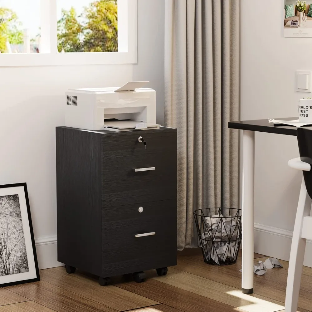 2-Drawer File Cabinet with Lock, Small Rolling Wood Filing Cabinet for Hanging Letter Size Filings with Tabs, Mobile