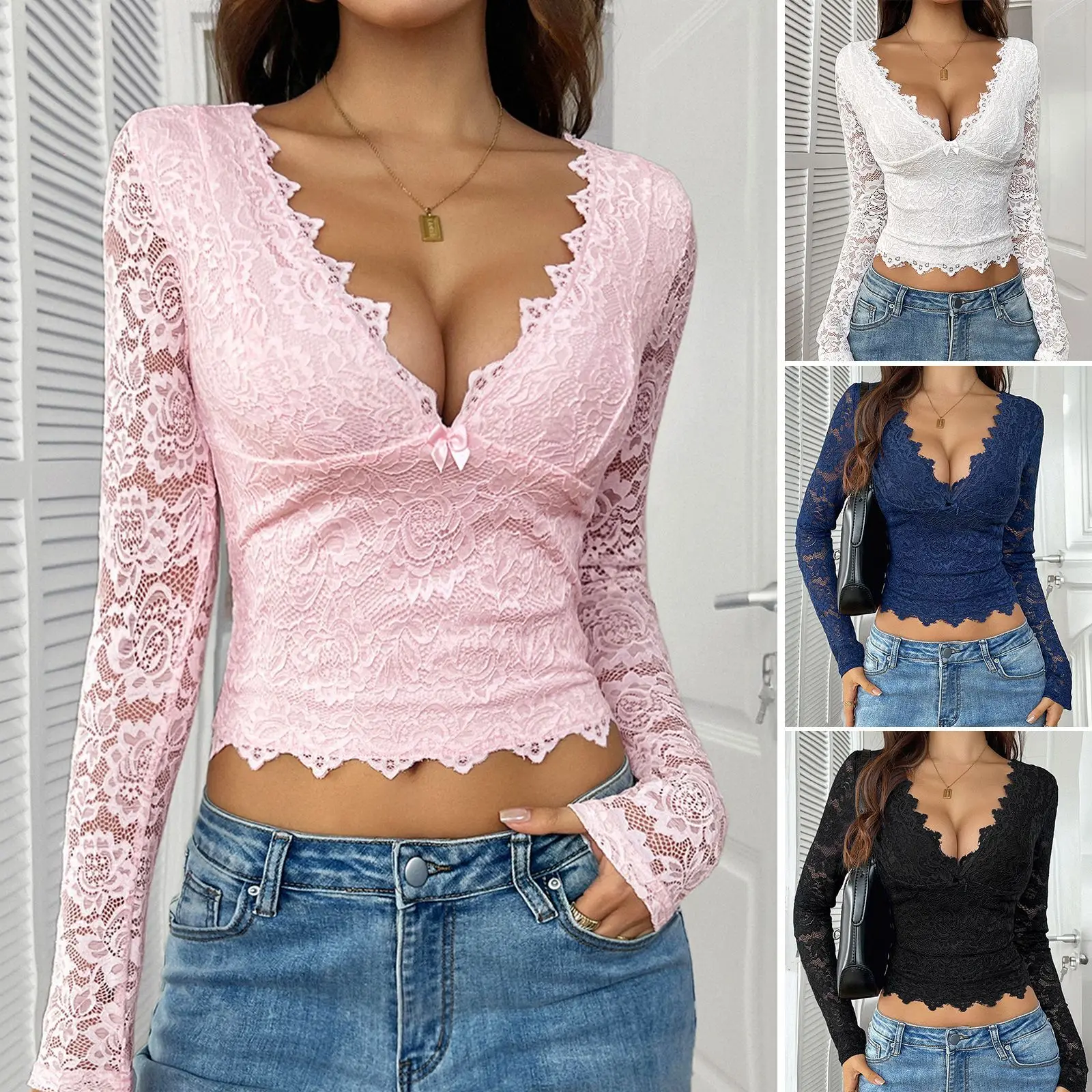 

Foreign Trade Y2K Sexy Deep V Hollow Sweet And Spicy Style Lace Pullover Top Women's Clothing