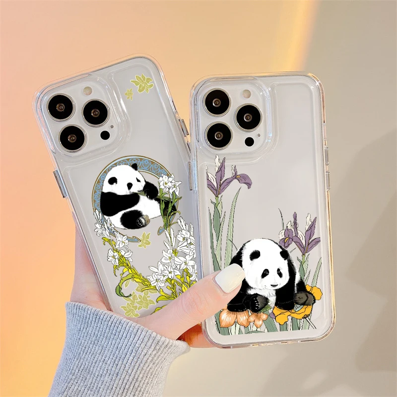 Panda phone case surrounded flowers Phone Case for iPhone 14 13 12 Mini 11 Pro X XR XS Max 7 8 Plus SE2 Clear Bumper Cover Funda