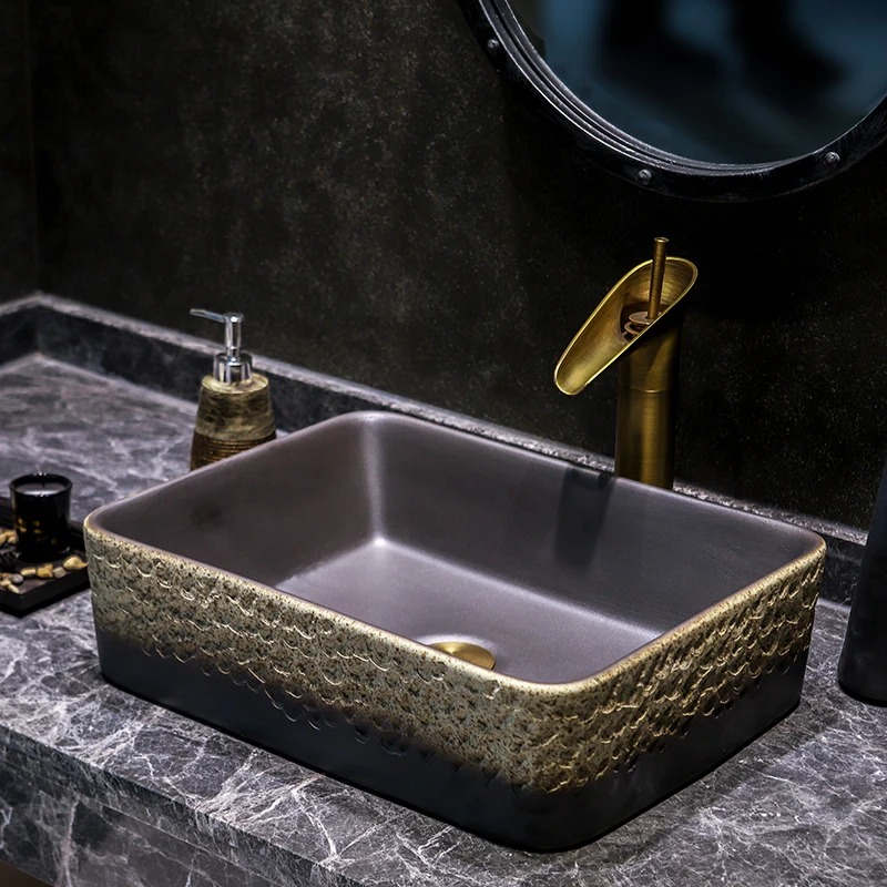 

Golden Handmade Europe Style Lavobo Ceramic Bathroom Luxurious Artistic Bathroom Sink Countertop vanity wash hand basin