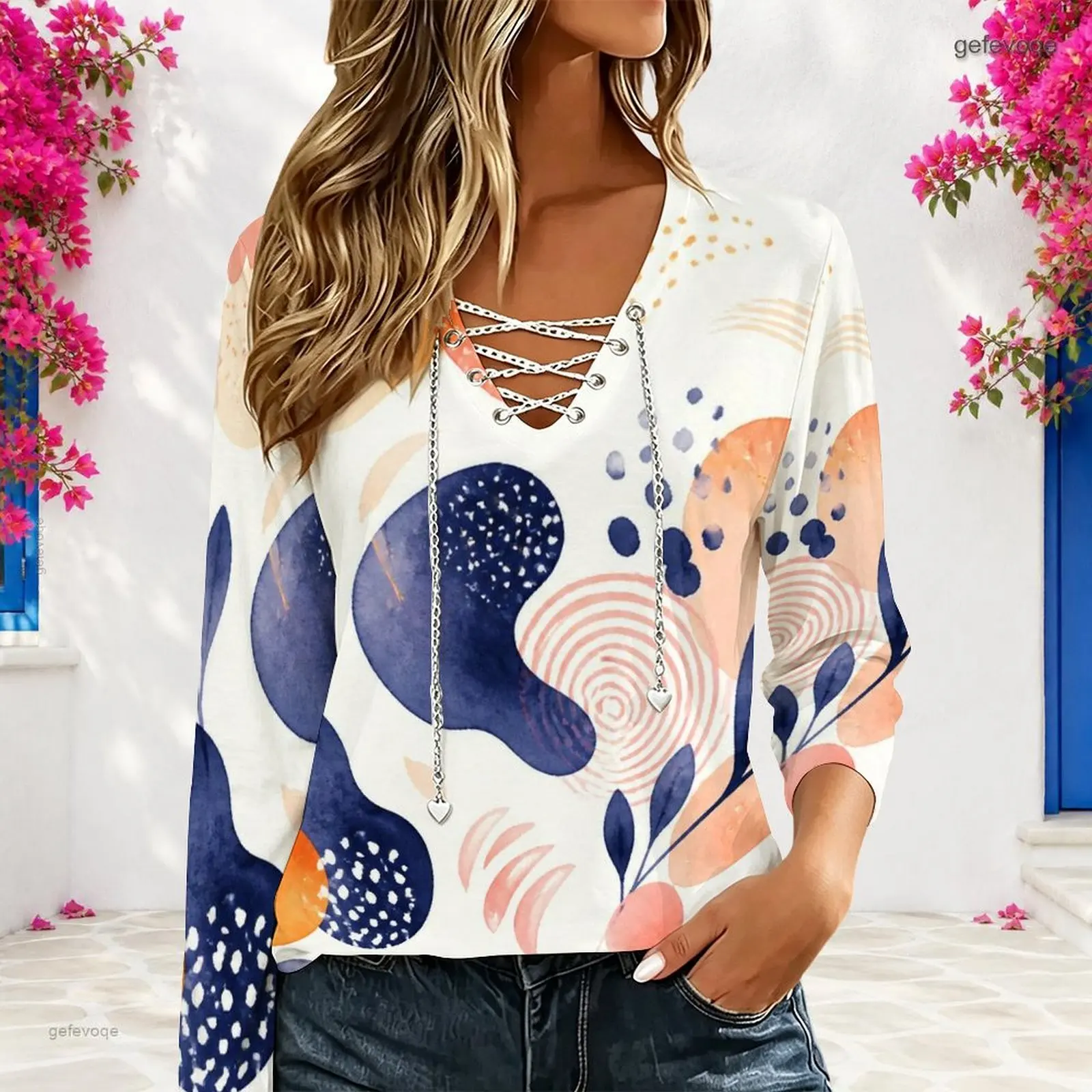Women Abstract Watercolor Spot Printed Long Sleeve V Neck Chain Lace Up Top