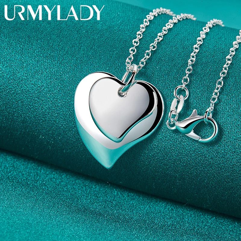 

URMYLADY 925 Sterling Silver Double Heart 16/18/20/22/24/26/28/30 Inch Pendant Necklace For Women Wedding Party Fashion Jewelry