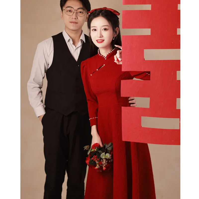 

Yourqipao Chinese Traditional Cheongsam Burgundy Evening Engagement Dress Women Wedding Party Prom Dresses Bridal Toast Gowns