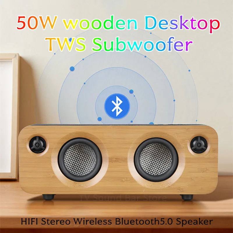 

50W Wooden Desktop TWS Wireless Bluetooth Speaker HIFI Stereo 4-Drivers Long Battery Life Sustainable Computer Wired Subwoofer
