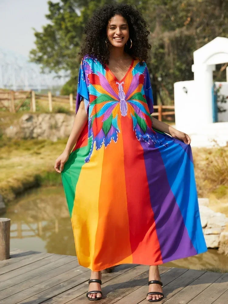 Chic Bohemian Colored Kaftan Robe Oversized Beach Wear Dresses For Women 2024 Summer Causal Short Sleeve Maxi Dress Q1658