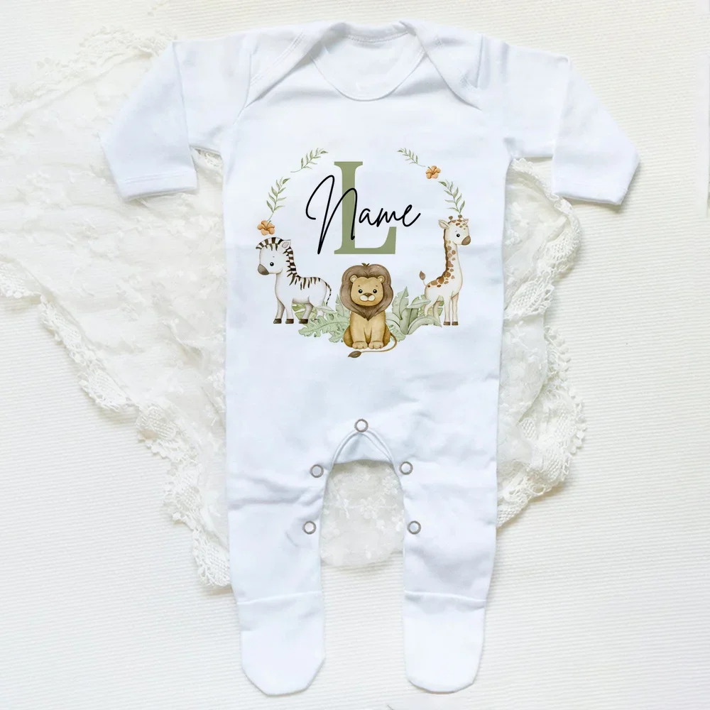 Personalised Babygrow Sleepsuit Forest Animal Wreath Print Baby Sleepsuit Custom Baby Coming Home Outfit Newbron Shower Gift