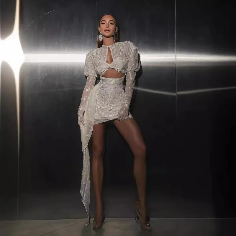 New Irregular Pleated Bodycon Solid Color Dress Hollow Out Dress Spring Summer Design Women's Fashion