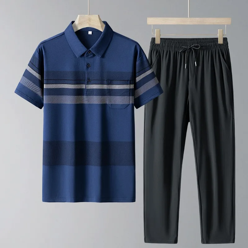 

Men's Middle-aged Sports Casual Ice Silk Short Sleeve Pants Polo Shirt Trousers Summer Loose Comfortable 2 Piece Outfit M-4XL