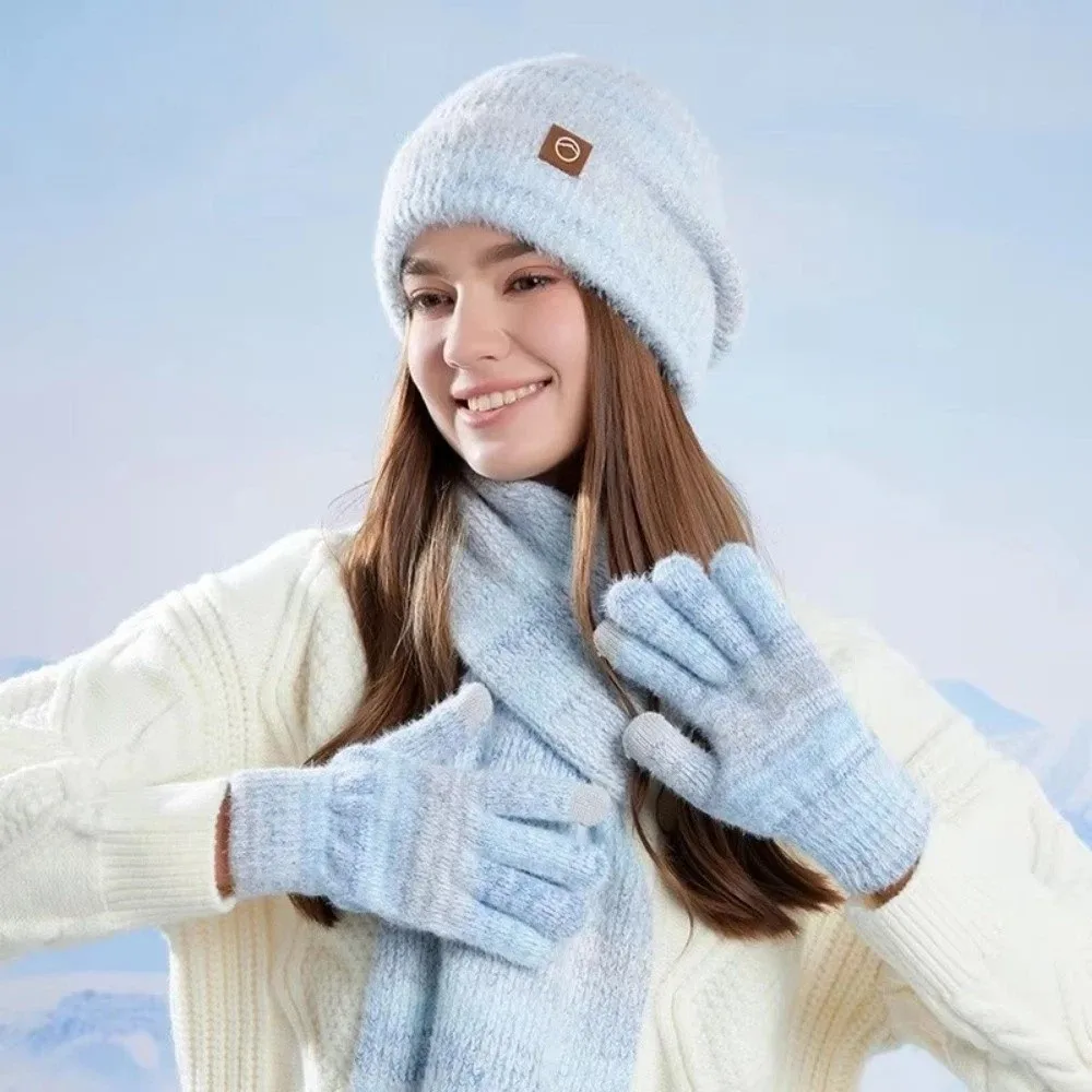 Outdoor Winter Cap Gloves Scarf Set Thickened Fleece Lining Women Skullcap Gradient Color Windproof Cycling Beanies