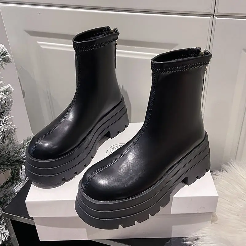 Platform Ankle Boots Women New 2024 Thick Bottom Fashion Short Boot Rounded Head Zipper Black Luxury Chunky Chelsea Boots Female