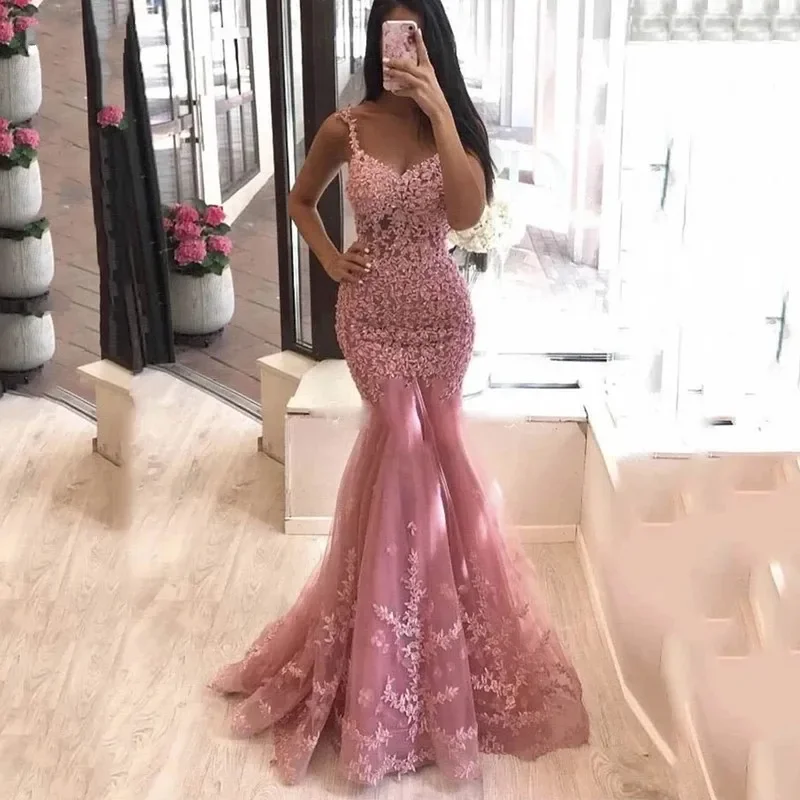 

Sexy Dusty Pink Mermaid Evening Dress Robe De Soiree Spaghetti Straps Sexy V Neck Lace Applique Formal Long Prom Party Gowns