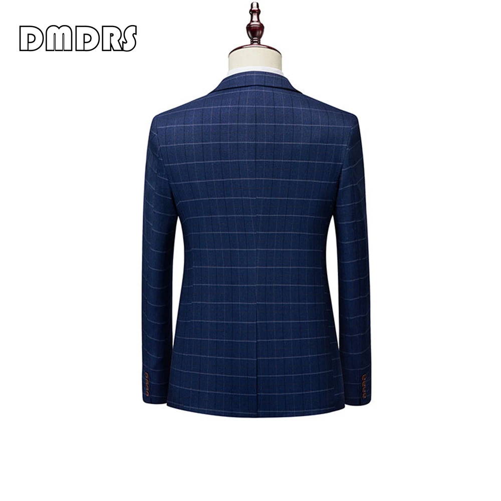 Classy Slim Fit Suit Set for Men Three Pieces Navy Plaid Smart Formal Tuxedo Jacket Vest Pants Tux Set Wedding Party Outfit