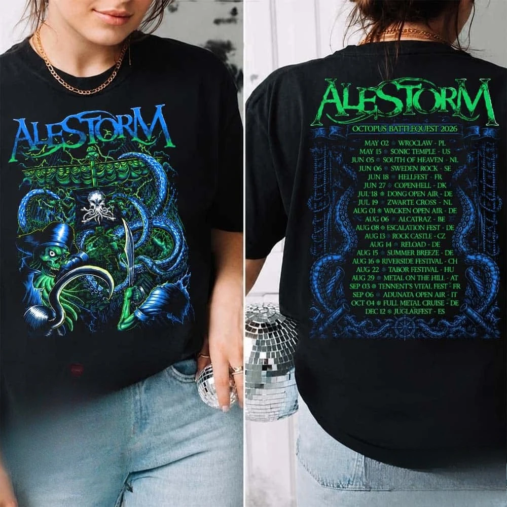 Alestorm 2026 Octopus Summer Tour, Hyperion Omnitour Juglarfest ES Cities List Two Sided Black Concert T-Shirt