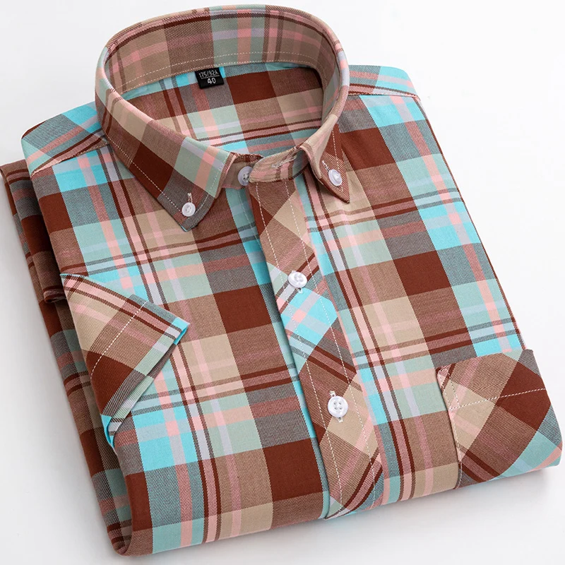 New 100% Cotton Plaid Shirts For Men\'s Short Sleeve Fashion Casual Design Young Soft Comfortable Cardigan Dress Shirt Blouse 6XL