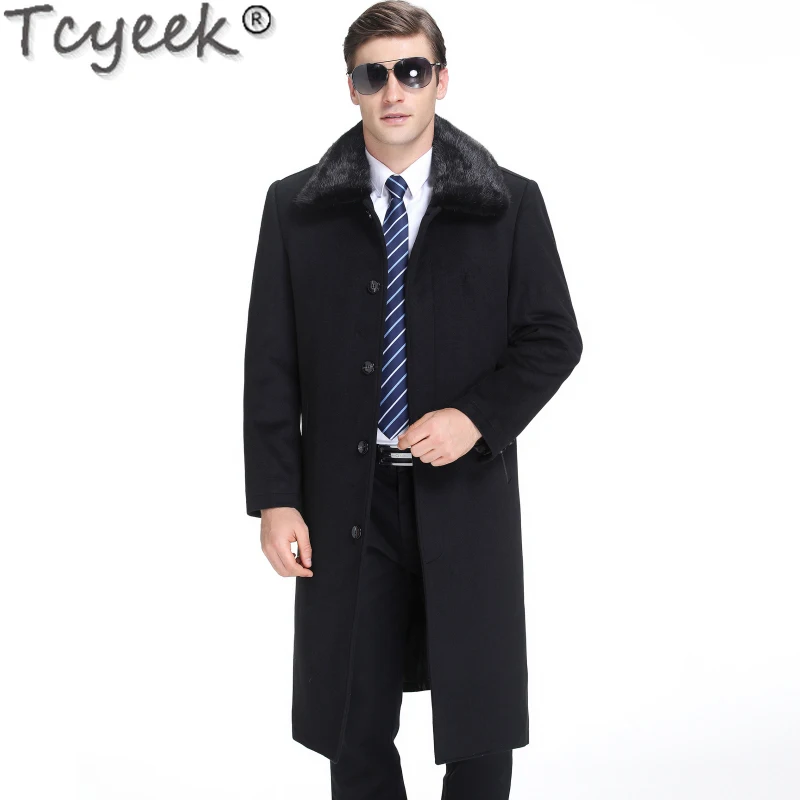 Tcyeek 100% Cashmere Jacket Men Clothing 23 Winter Thickened Woolen Coat Rex Rabbit Fur Liner Casual Male Coats Mink Fur Collar